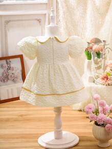 Souflis Souflis 女宝宝韩版可爱提花编织翻领泡泡袖连衣裙，夏季 - 粉色 - 查看 6