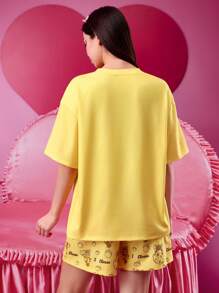 TOM & JERRY X SHEIN Women Yellow Cheese Jerry Cartoon Print Pajama Short Sleeves Set Women Sleepwear Christmas Pajamas Valentine's Day Funny T Shirt Spring&Summer 2 Pieces Sets Ladies