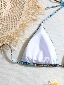 SHEIN Swim Curve 夏季单件大码女式露背印花性感三角比基尼上衣，休闲度假比基尼 - 彩色 - 查看 4