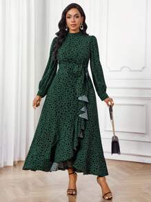 SHEIN Lady Vestido largo de mujer con estampado integral, cintura anudada y volantes en el bajo, elegante para usar en el Día de San Valentín, Año Nuevo, en el trabajo o en todas las estaciones - Verde - Ver 6