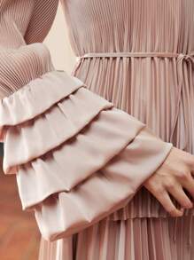 ZEYLAH WOMEN'S 2PCS RUFFLE HEM SLEEVES PLEATED TOP AND PLEATED MAXI SKIRT - Pink - View 2