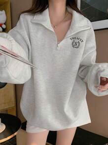 DAZY Áo nỉ chui đầu rộng rãi có cổ dành cho nữ, họa tiết nhỏ - Xám - Xem 3