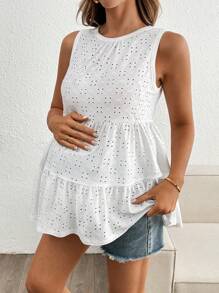 SHEIN 休闲简约白色镂空刺绣孕妇背心 - 白色 - 查看 3