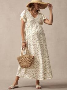 Boho Mama Boho Ditsy Floral Maternity Dress, Romantic For Vacation, Commuting - Apricot - View 5