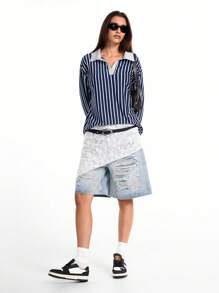 SHEIN EZwear 女士秋冬工装情侣同款 90 年代时尚基本款条纹宽松领长袖 T 恤 - 藍白色 - 查看 6