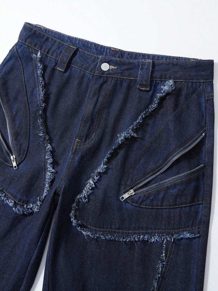 Street Life Quần Jeans Ống Thẳng Rộng Có Khóa Kéo Xỉn Hàng Ngày Cho Nam - Màu xanh lam - Xem 7