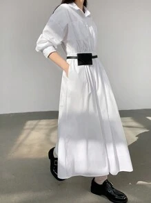 DAZY 休闲宽松纯色衬衫式中长连衣裙，带大口袋，适合女性，秋季商务休闲女装工作服长袖连衣裙/长款连衣裙 - 白色 - 查看 1