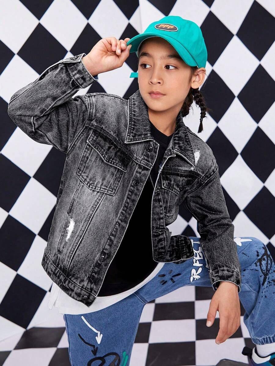 Tween Boy Front Button Long Sleeve Pocket Distressed Casual Denim Jacket - Black - View 1