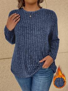 Vionelle Plus Size Plain Long Sleeve T-Shirt, Minimalist Fashion Casual For Everyday Wear Fall Cloth For Women - Navy Blue - View 5