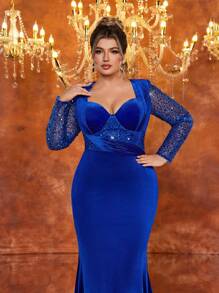 Glamrae Plus Size Elegant Blue Exaggerated Shoulder Pad Pearl Embellishment Long Sleeve High Waist Pleated Fishtail Hem Formal Evening Dress, Ball Gown Suitable For Wedding Guests, Graduation Ceremony, Dinner Party