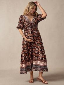 SHEIN Maternity Casual Floral Print Lantern Sleeve Dress