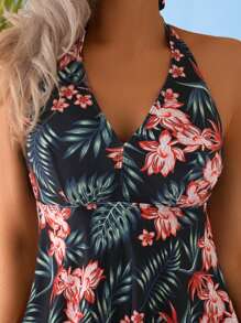 Swim Lushoire 女士沙滩装：花朵随机印花露背朴素而时尚优雅的女士吊带背心和比基尼套装 - 彩色 - 查看 4