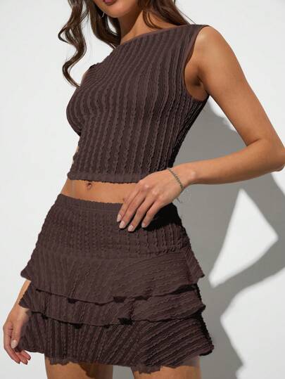 Forever 21 Women Sleeveless Simple Slim Fit Top & Mini Skirt Casual 2 Pieces Set