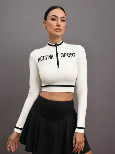 SHEIN Sports Camiseta atlética corta con bordado de letra y ribete de color contrastante