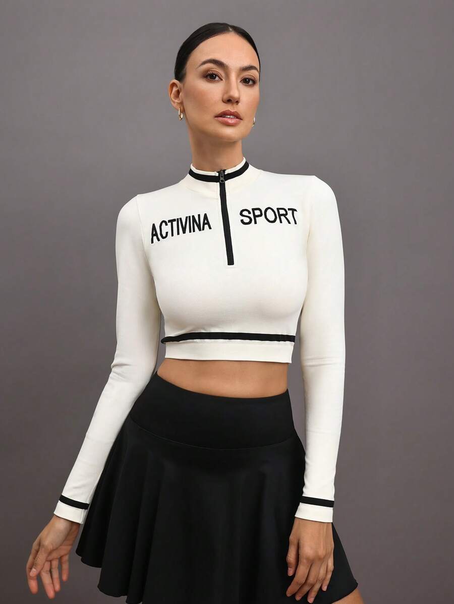 SHEIN Sports Contrast Color Trim Letter Embroidery Cropped Athletic T-Shirt - White - View 1