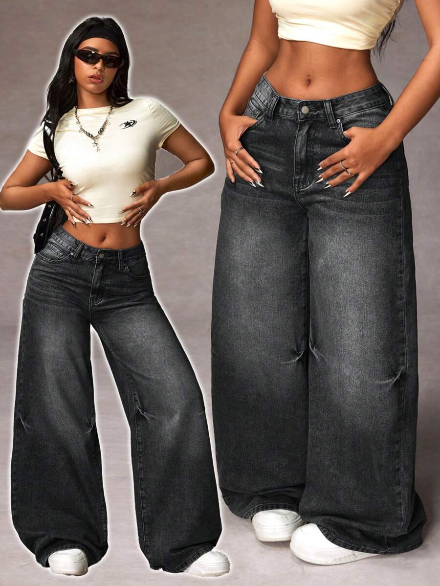 SHEIN ICON 女式前扣口袋休闲宽松牛仔裤，日常穿着 - 黑色 - 查看 1