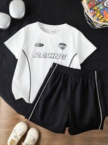 2pcs/Set Boys Kids Casual Sports Letter Print Contrast Color Drawstring Round Neck Short Sleeve T-Shirt And Shorts Set, Black & White Knit Outfit Suitable For Toddlers, Back To School, Parties, Daily Wear, School, Travel, Sports, Spring & Summer