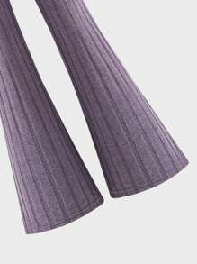 SHEIN Explorewe 2pcs Teen Girls Casual Daily Wear, Ribbed Knit Stretchy Zip-Up Cropped Jacket & Form-Fitting Flared Pants Set, Autumn Outerwear & Innerwear - Purple - View 8