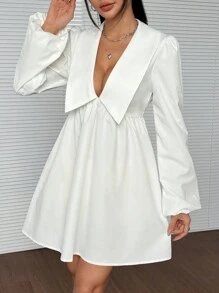 SHEIN EZwear فستان قصير كاجوال نسائي أحادي اللون بأكمام طويلة مجعد وبتصميم بسيط - أبيض - مشاهدة 4