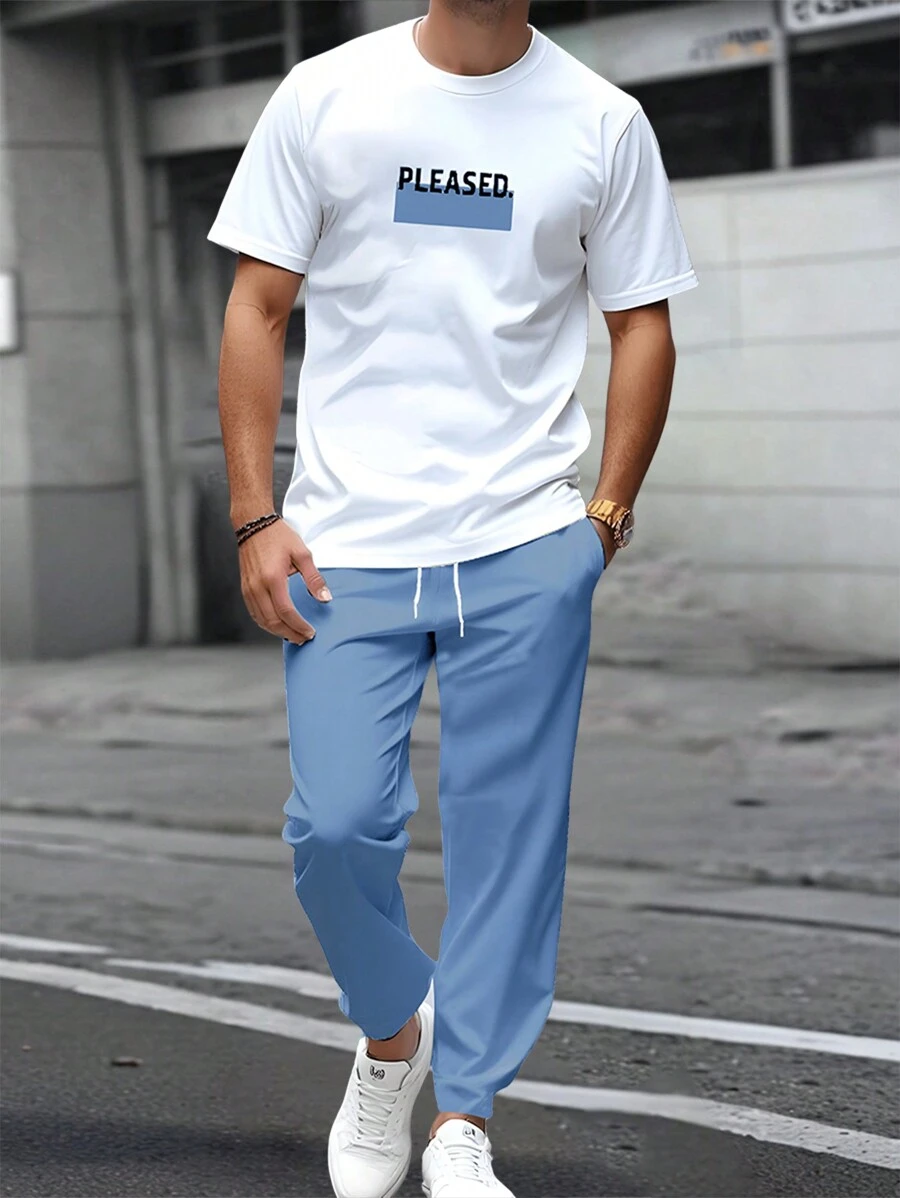 Manfinity Homme Men's Graphic Print Crew Neck Short Sleeve Top And Pants Set, Minimalist - Multicolor - View 1