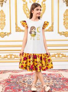 SHEIN Tween 女童休闲宽松拼接撞色荷叶边卡通印花连衣裙 - 白色 - 查看 3