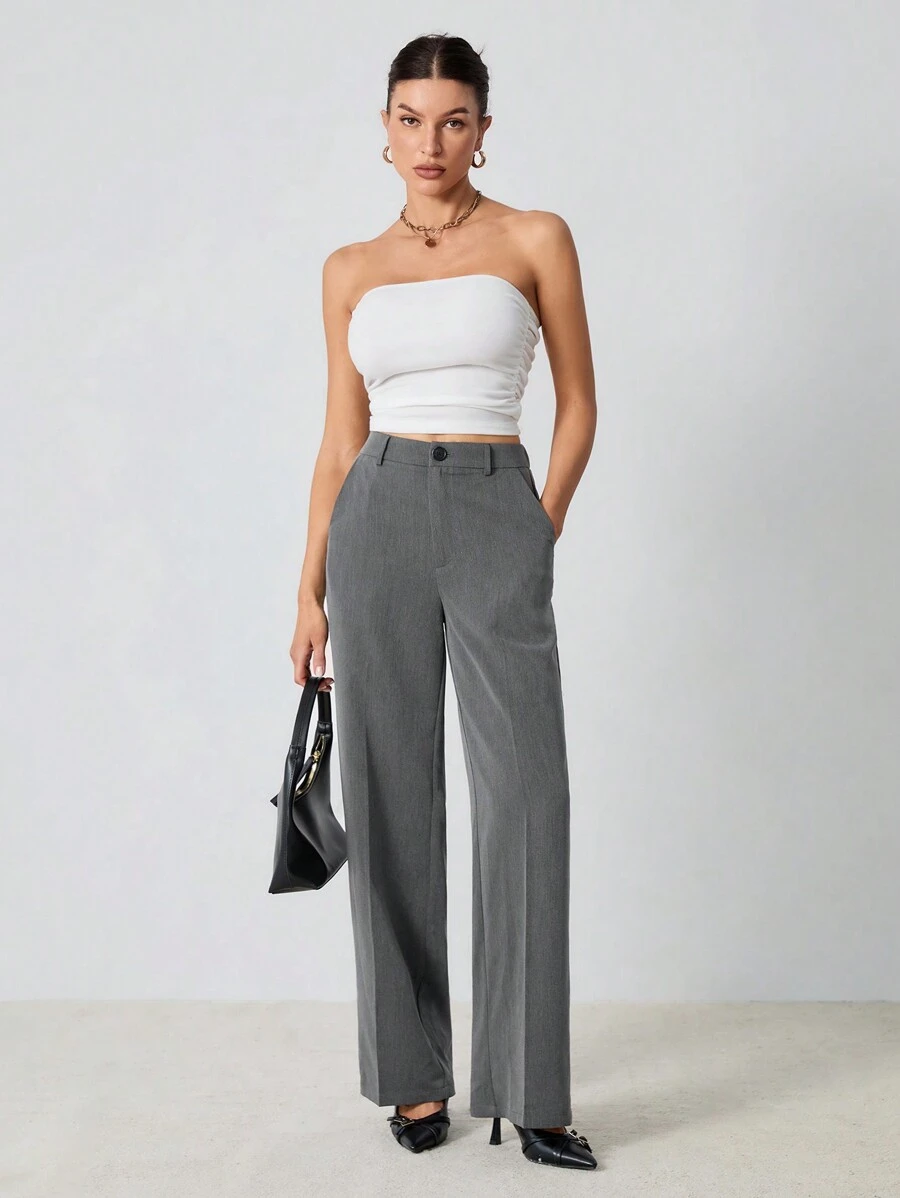 SHEIN Tall 春夏纯色深灰色高腰西装直筒裤