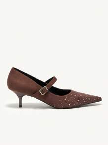 CUCCOO CHICEST Brown Pointed Toe Rhinestone Velvet Comfortable Versatile Strap Low Kitten Heel Flats