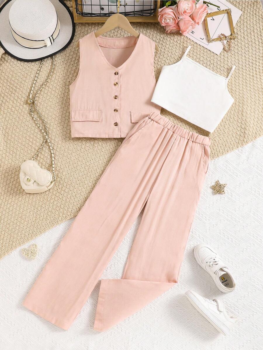 3 Stücke Tween Mädchen-Outfit in Weiß, bestehend aus Kurzarm-Top, ärmelloses Top und Hose für Jugendliche