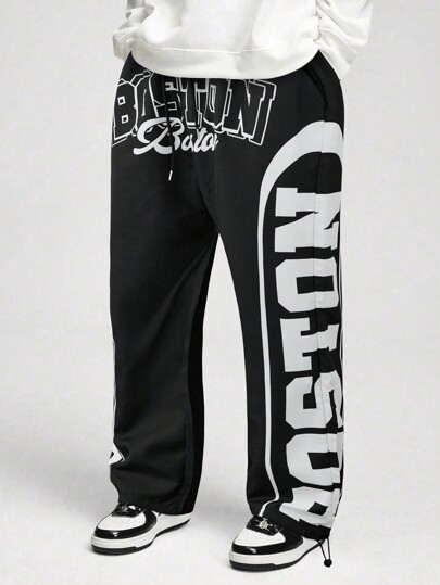 Street Life Pantaloni casual da uomo con stampa a lettera, con lacci e tasche, adatti per uso quotidiano