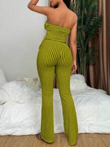 VaVaBold 2 件套女士性感条纹抹胸套装，简约时尚休闲日常穿着 - 綠色 - 查看 2