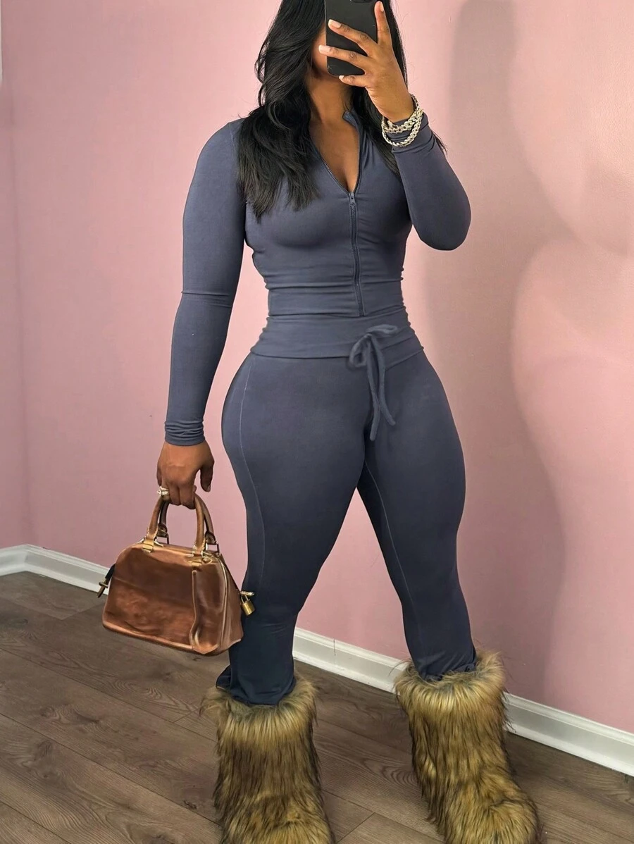 INAWLY Solva 2pcs Women Solid Color Front Zip Long Sleeve Top And Long Pants Set - Blue - View 1