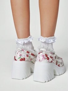 ROMWE Kawaii 女士白色玛丽珍鞋，蕾丝边娃娃鞋，绑带和蝴蝶结装饰，甜美高跟鞋，厚底正装鞋 - 白色 - 查看 10