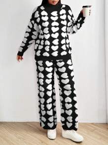 Flirla Fashion New Heart Pattern Long Sleeve Sweater Set For Autumn/Winter - Black and White - View 3
