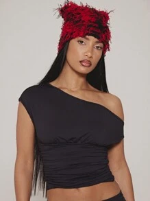 SUMWON WOMEN Off Shoulder Ruched Crop Top Asymmetrical Fitted Party Club Blouse Summer Festival Occasion Wear - Black - View 5