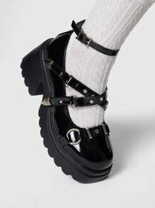 ROMWE Grunge Punk Buty skórzane Mary Jane w stylu vintage, Punk Rock z zamkniętymi palcami, krzyżujący się pasek z metalową klamrą, gotyckie lolita, grube platformy oksfordy dla kobiet