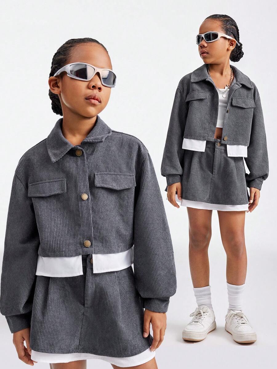 SHEIN Tween Girls Spring/Summer 2pcs Corduroy Patchwork Girl Casual Long Sleeve Jacket And A-Line Skirt Set - Grey - View 1