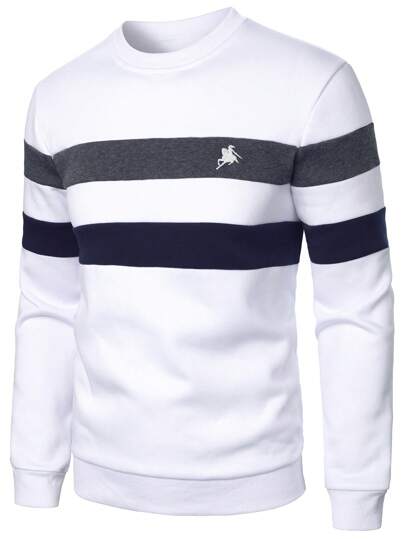 Manfinity Homme Men's Solid Color Block Crew Neck Long Sleeve Casual Top, Fall