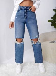 SHEIN EZwear Y2k Ripped Raw Cut Straight Leg Jeans - Medium Wash - View 1