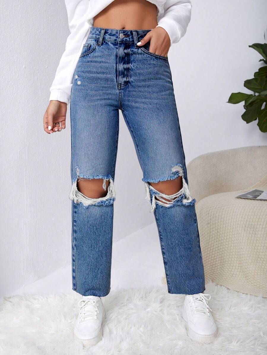 SHEIN EZwear Y2k Ripped Raw Cut Straight Leg Jeans - Medium Wash - View 1