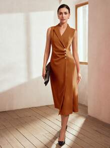 MOTF PREMIUM WOMEN SLEEVELESS WOVEN METAL BUTTON DRESS - Brown - View 8