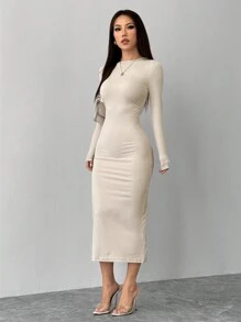 SHEIN PETITE Solid Color Pleated Waist Black Long Sleeve Dress - Apricot - View 6