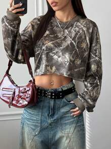 StreetHx Streetwear Women Spring Withered Leaf Print Design Long Sleeve Sweatshirt - Army Green - View 3