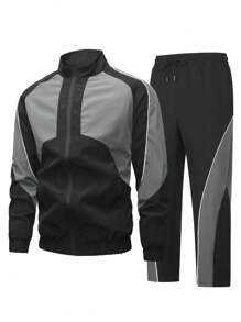 Manfinity Sport Corelite Men's Colorblock Zipper Trim Jacket And Drawstring Pants Sports Set - Black - View 1