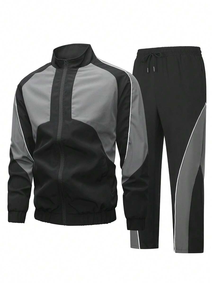 Manfinity Sport Corelite Men's Colorblock Zipper Trim Jacket And Drawstring Pants Sports Set - Black - View 1