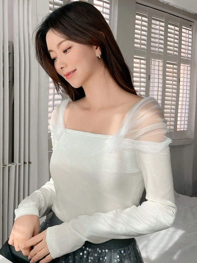Women's Off Shoulder T-Shirt With Mesh Panel, Suitable For Valentine's Day