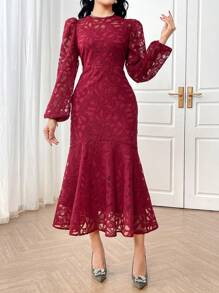 Modelyn Women Solid Color Round Neck Long Sleeve Hollow Out Casual Dress