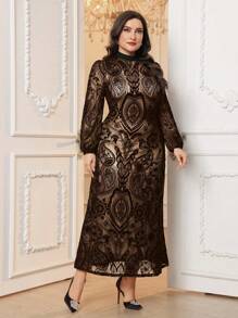 Modelyn Plus Size Women Elegant Round Neck Velour Dress Long Evening Dresses