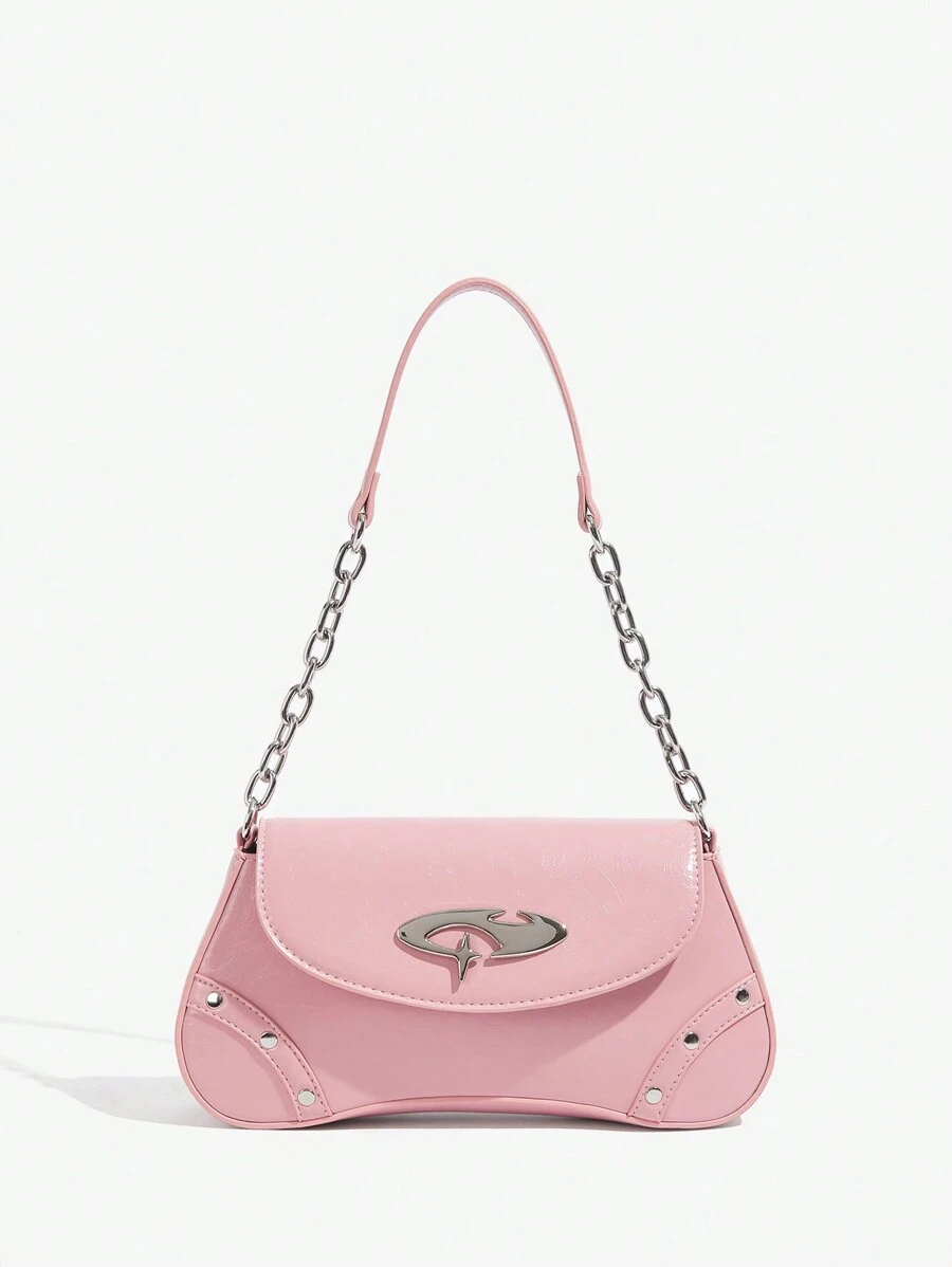 SHEIN ICON Ladies, Women Shoulder Bag, Hobo Bag, Fashionable, Personalized, Simple, Versatile, Street, Sweet And Cool Girls, Hot Girls, Y2k, Retro, Pink, Vintage, Metal Chain, Valentine's Day, Valentines - Pink - View 1