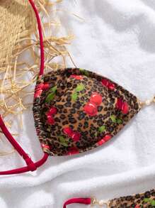 SHEIN Swim Conjunto de bikini de 2 piezas para mujer con estampado de cerezas y leopardo, sexy, con escote halter y espalda descubierta, perfecto para el verano - Multicolor - Ver 4