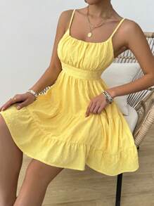 Breezaya Women's Solid Color Spaghetti Strap Swiss Dot Casual Yellow Dress For Summer - Yellow - View 9